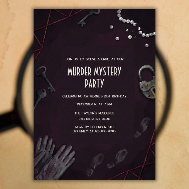 Mordscen Mysteriefödselparty Inbjudningar (Murder Mystery Birthday – Noir Crime Scene, Keys & Pearls, Personalized)