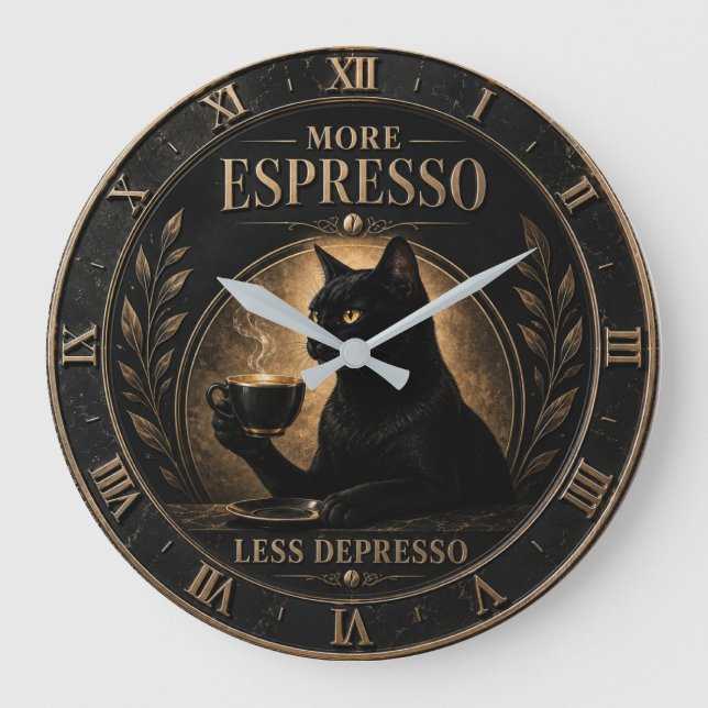More Espresso Less Depresso Black Cat  Stor Klocka (Framsida)