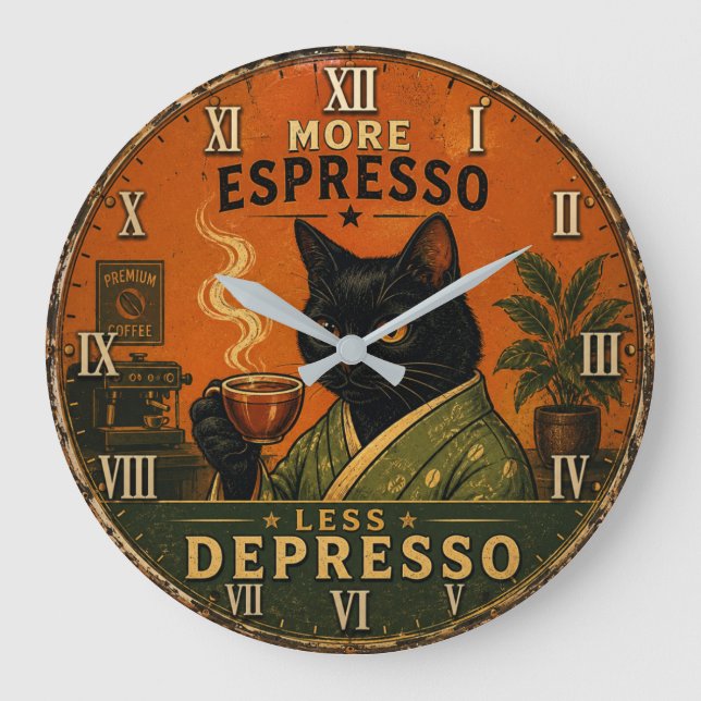 More Espresso Less Depresso Cat Stor Klocka (Framsida)