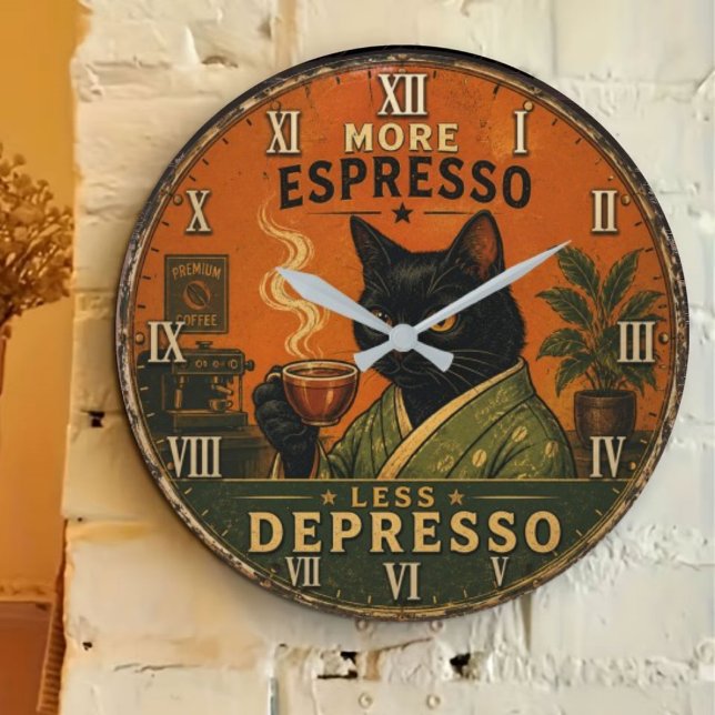 More Espresso Less Depresso Cat Stor Klocka (Skapare uppladdad)