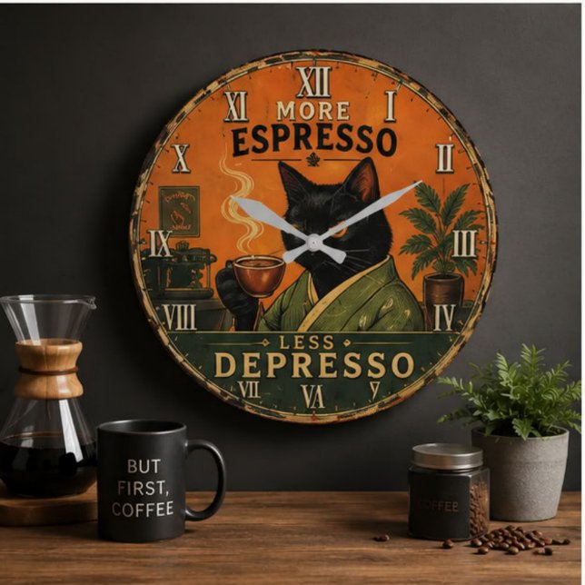 More Espresso Less Depresso Cat Stor Klocka (Skapare uppladdad)