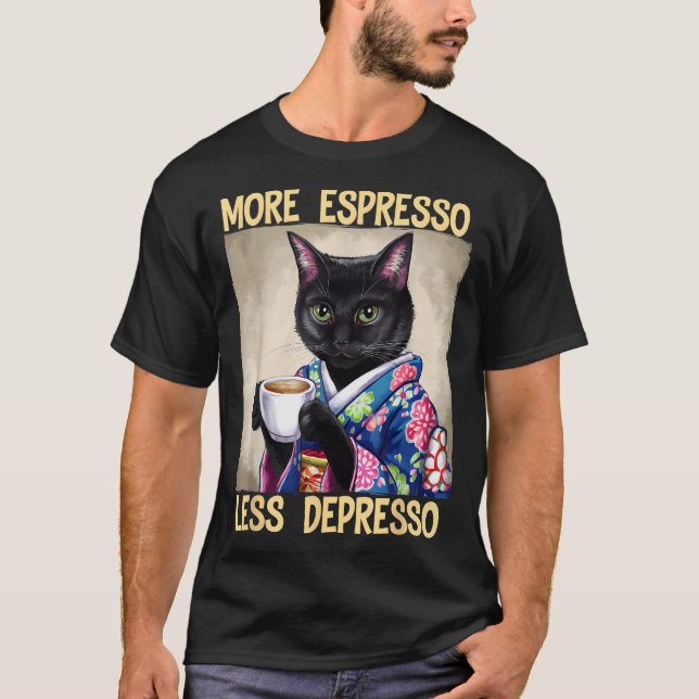More Espresso Less Depresso Japanese Art Funny Cat T Shirt (Framsida)