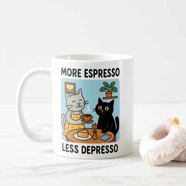 More Espresso Less Depresso Svart Katt  Kaffemugg (Med munk)