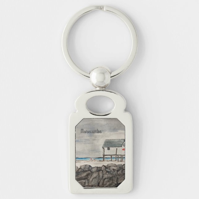 Morecambe Beach Hut Lancashire semesterort Rektangulärt Silverfärgad Nyckelring (Framsidan)