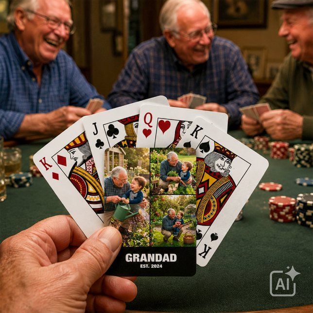 Morfar Minnesgåva Establishment Casinokort (Surprise Grandad with photo collage poker cards, bold white text, and an established year for game n)