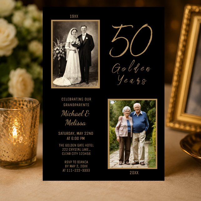 Morfar- och mormor 50 gyllene år firas inbjudningar (Elegant black and gold grandparents 50th anniversary invitation with timeless then and now photos.)