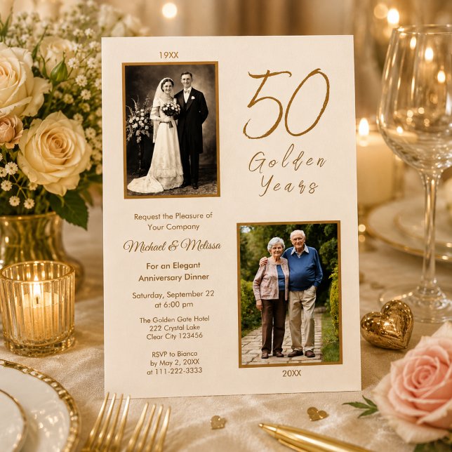 Morfar och mormor firar 50 gyllene år inbjudningar (Elegant ivory and gold 50th anniversary dinner invitation with romantic candlelight and vintage phot)