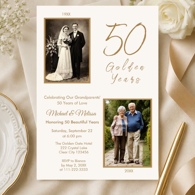 Morfar och mormor firar 50 gyllene år inbjudningar (Elegant ivory and gold grandparents 50th anniversary invitation with photo)