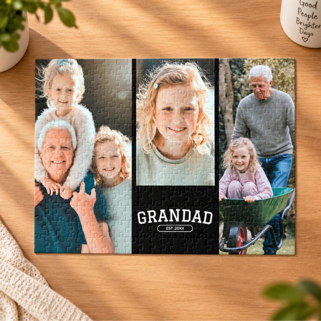 Morfar Settat 3 Foto Collage Skript Present Pussel ( grandfather from grandkids grandparents photo collage family modern typography keepsake black )