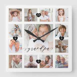 Morfar-skriptfamiljens minne Photo Grid Collage Fyrkantig Klocka
