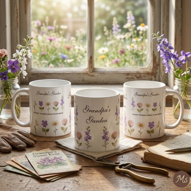 Morfars blomsterträdgård med 5 namn & blommor kaffemugg (Skapare uppladdad)