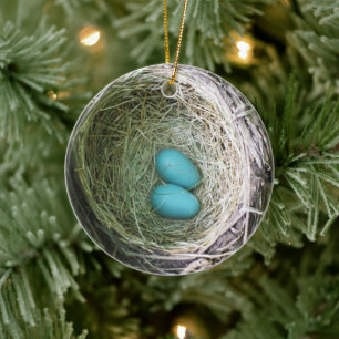 Morförälderns två blå Robin-ägg i Nest Julgransprydnad Keramik