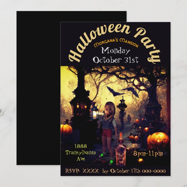 Morganas Mansion Halloween Anpassningsbar Inbjudan (Fram/baksida)