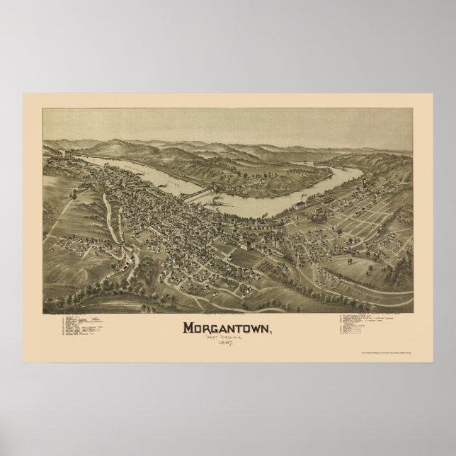 Morgantown, WV Panoramic Karta - 1897 Poster (Framsidan)