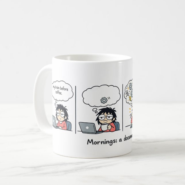 Morgnar: En Dokumentär | Rolig Kaffeserieteckning Kaffemugg (Framsida vänster)