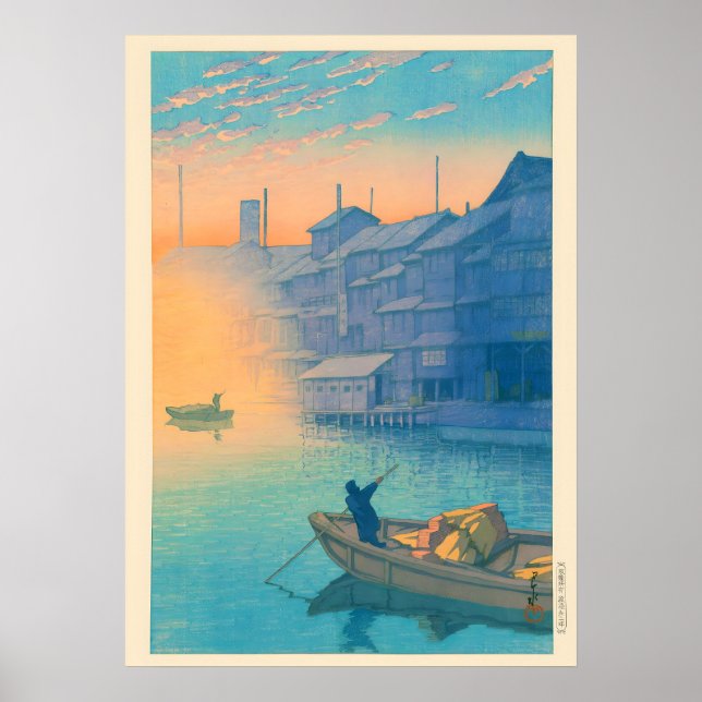 Morgon i Dotonbori i Osaka av Kawase Hasui Poster (Framsidan)