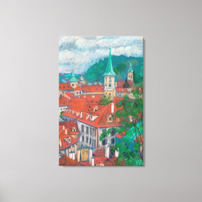 Morgon i Prag Czech Cityscape Pastel Painting Canvastryck (Framsida)