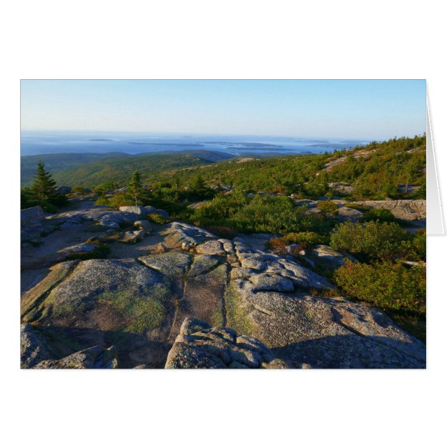 Morgon på toppen av Cadillac Mountain i Acadia Hälsningskort (Framsidan Horizontal)
