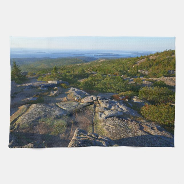Morgon på toppen av Cadillac Mountain i Acadia Kökshandduk (Horisontell)