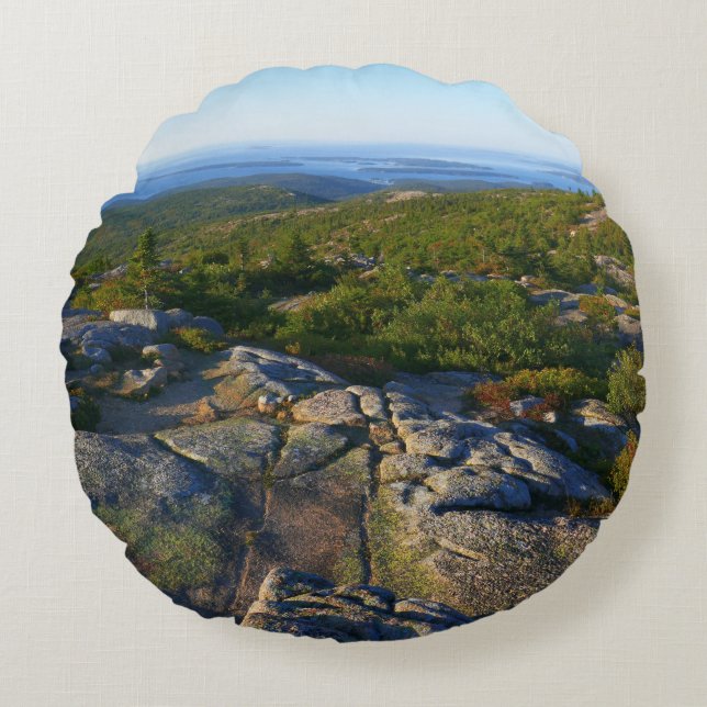 Morgon på toppen av Cadillac Mountain i Acadia Rund Kudde (Framsidan)