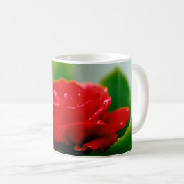 Morgon röd ros täckt med daggdroppar kaffemugg