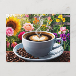 Morgoncuppa kaffe och vacker blomsterträdgård vykort