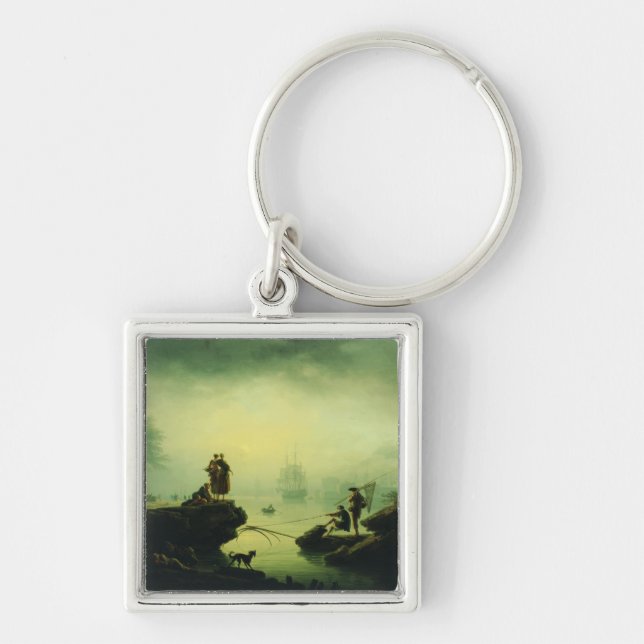 Morgondimma till sjöss av Joseph Vernet  Fyrkantig Silverfärgad Nyckelring (Framsidan)