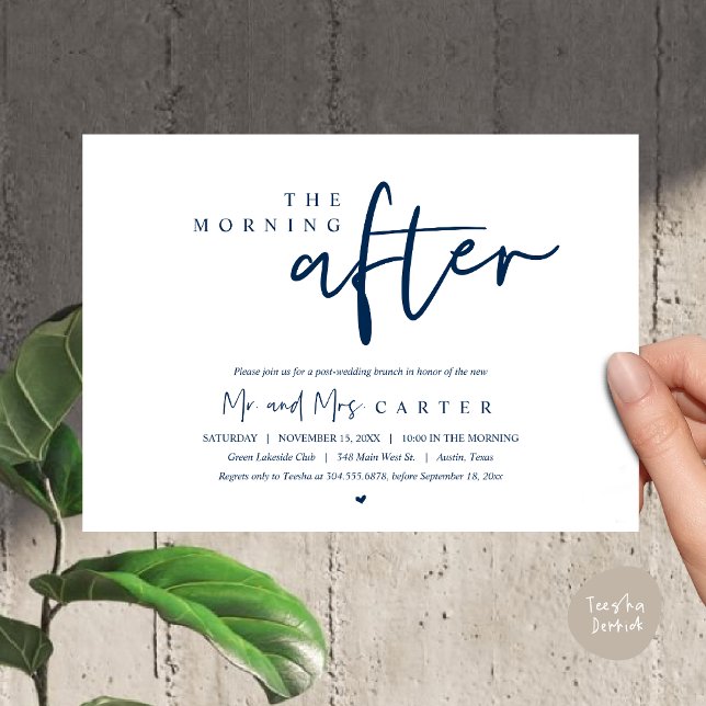 Morgonen därpå, efter bröllop brunch firande inbjudningar (The Morning After, Post Wedding Brunch Invitation Card PDF Beautiful Summer Classy Navy Blue)