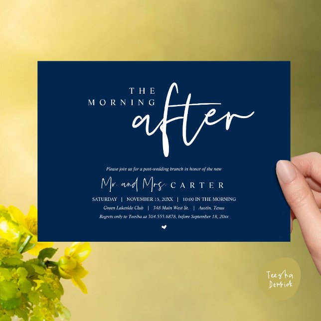 Morgonen därpå, efter bröllop brunch firande inbjudningar (The Morning After, Post Wedding Brunch Invitation Card PDF Beautiful Summer Classy Navy Blue)