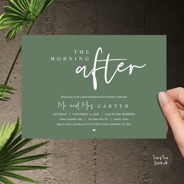 Morgonen därpå, efter bröllop brunch firande inbjudningar (The Morning After, Post Wedding Brunch Invitation Card PDF Beautiful Summer Greenery Sage Green)