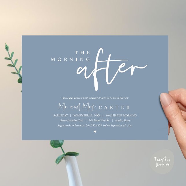 Morgonen därpå, efter bröllop brunch firande inbjudningar (The Morning After, Post Wedding Brunch Invitation Card PDF Beautiful Summer Dusty Blue)