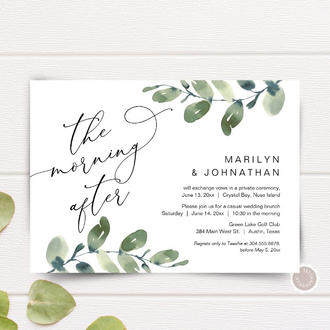 Morgonen efter, Bröllopslunch i flykten, Grönska Inbjudningar (The Morning After, Elopement Brunch Party Invitation Card, Greenery Eucalyptus, Digital Download)