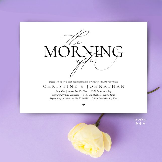 Morgonen Efter, Brunch Efter Bröllopet Elopement Inbjudningar (The Morning After, Post Wedding Brunch Elopement Invitation Card in warm contemporary Black White)