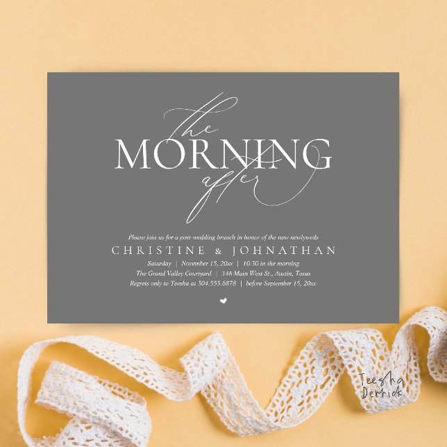 Morgonen Efter, Brunch Efter Bröllopet Elopement Inbjudningar (The Morning After, Post Wedding Brunch Elopement Invitation Card in warm contemporary Dark Grey)