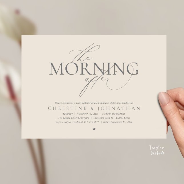Morgonen Efter, Brunch Efter Bröllopet Elopement Inbjudningar (The Morning After, Post Wedding Brunch Elopement Invitation Card in warm contemporary Cream and Grey)