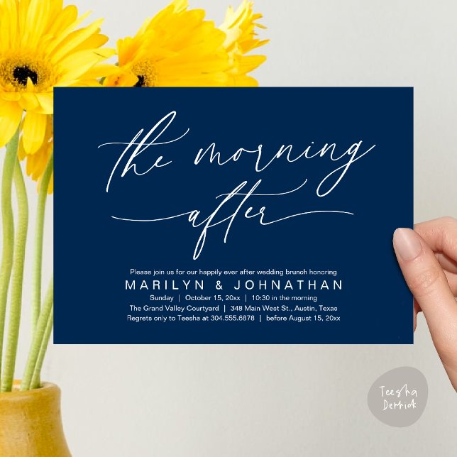 Morgonen efter det moderna Bröllop-miljödepartemen Inbjudningar (The Morning After Modern Romantic Post Wedding Elopement Brunch Invitation Card PDF in Navy Blue)