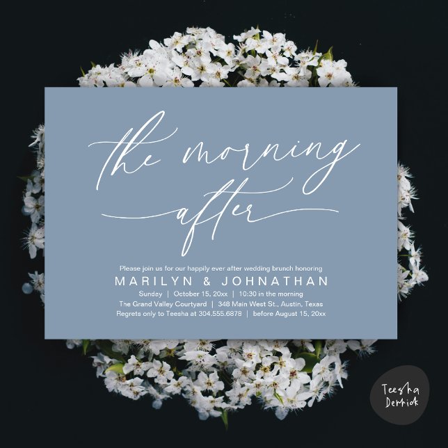 Morgonen efter det moderna Bröllop-miljödepartemen Inbjudningar (The Morning After Modern Romantic Post Wedding Elopement Brunch Invitation Card PDF in Dusty Blue)