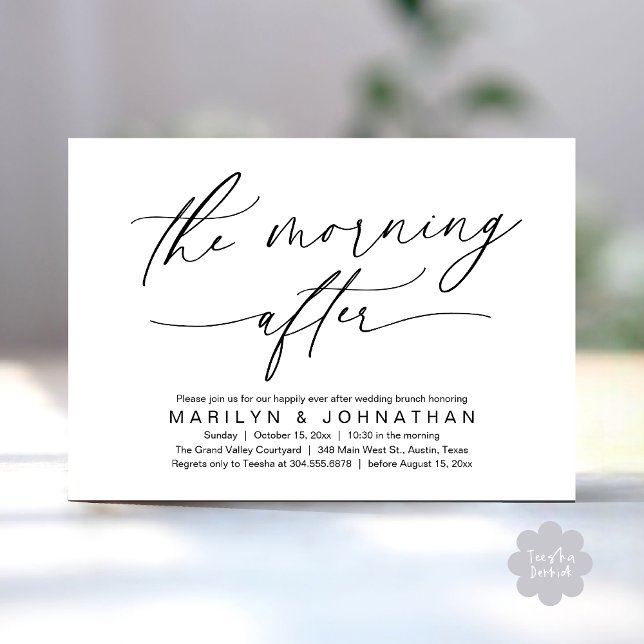 Morgonen efter det moderna Bröllop-miljödepartemen Inbjudningar (The Morning After Modern Romantic Post Wedding Elopement Brunch Invitation Card PDF in White Black)