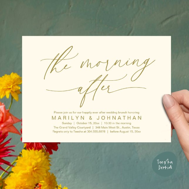 Morgonen efter det moderna Bröllop-miljödepartemen Inbjudningar (The Morning After Modern Romantic Post Wedding Elopement Brunch Invitation Card PDF in Yellow Gold)