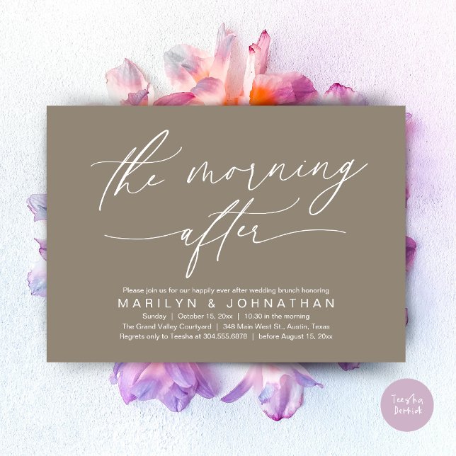 Morgonen efter det moderna Bröllop-miljödepartemen Inbjudningar (The Morning After Modern Romantic Post Wedding Elopement Brunch Invitation Card PDF in Taupe Brown)
