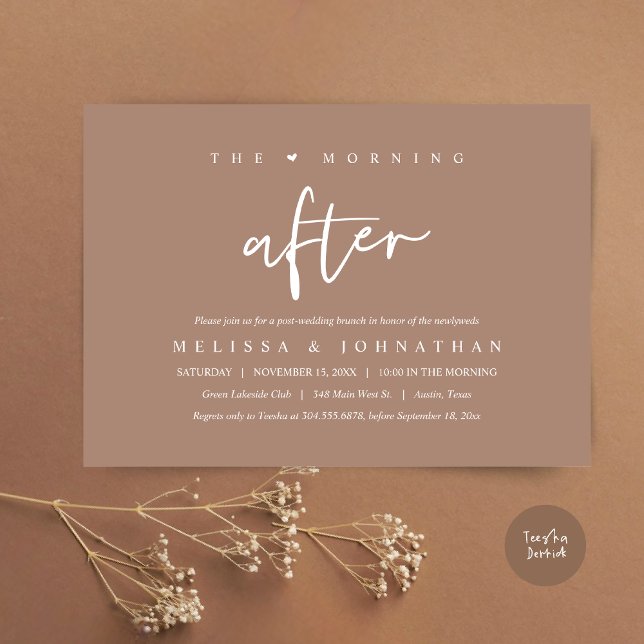 Morgonen efter, efter Bröllop Brunch Firande Inbjudningar (The Morning After, Post Modern Wedding Brunch Invitation Card, PDF. in Neutral Taupe Brown)