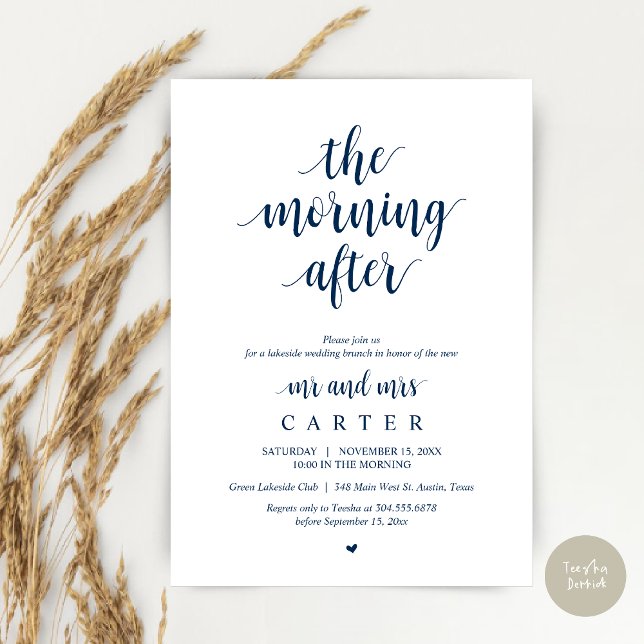 Morgonen efter, efter bröllop Brunch Firande Inbjudningar (The Morning After, Modern Post Wedding Brunch Celebration Invitation Card, PDF, in Navy Blue)