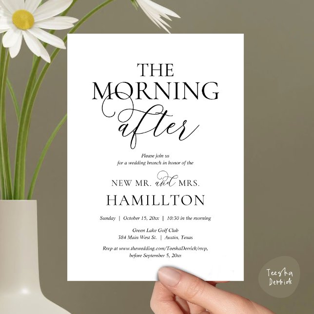 Morgonen efter, efter bröllop Brunch Firande Inbjudningar (The Morning After, Post wedding Brunch Celebration Invitation Card, PDF Modern Classy Black White)