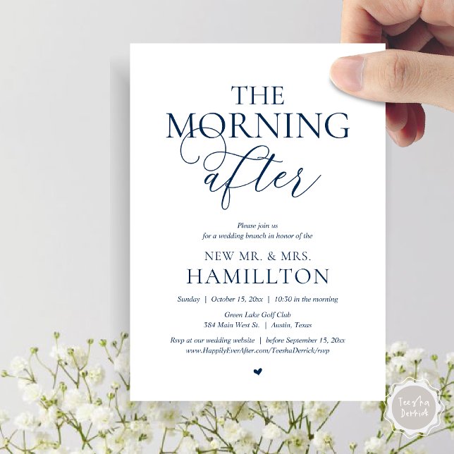 Morgonen efter, efter bröllop Brunch Firande Inbjudningar (The Morning After, Modern Post wedding Brunch Lunch Celebration Invitation Card, PDF, navy Blue)