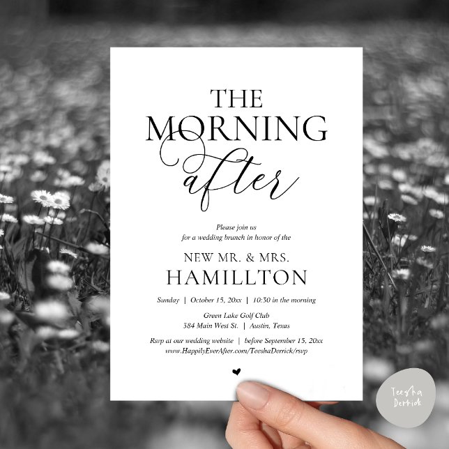 Morgonen efter, efter bröllop Brunch Firande Inbjudningar (The Morning After, Modern Post wedding Brunch Lunch Celebration Invitation Card, PDF, White Black)