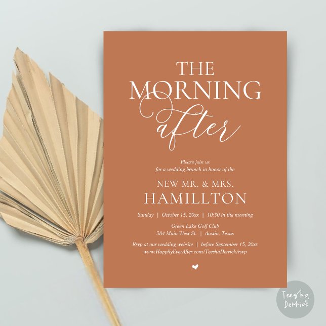 Morgonen efter, efter bröllop Brunch Firande Inbjudningar (The Morning After, Modern Post wedding Brunch Lunch Celebration Invitation Card, PDF, Copper Brown)
