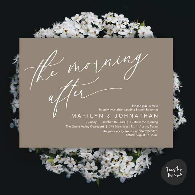 Morgonen efter, Lyckliga för evigt Brunch Inbjudningar (The Morning After Modern Romantic Post Wedding Elopement Brunch Invitation Card PDF in Taupe Brown)