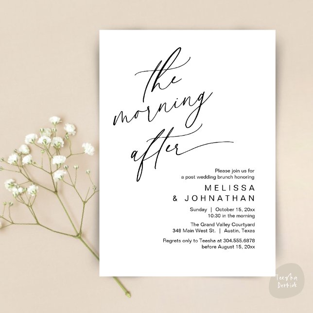 Morgonen Efter, Lyckliga Slut Brunch Inbjudningar (The Morning After Modern Romantic Post Wedding Elopement Brunch Invitation Card PDF in White Black)