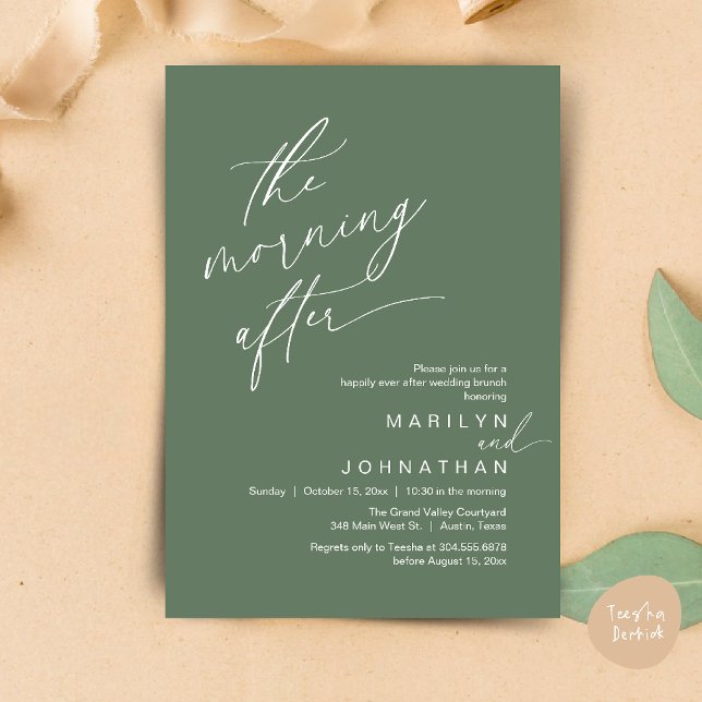 Morgonen efter, lyckligtvis efter Brunch Inbjudningar (The Morning After, Happily Ever After Brunch Invitation Card PDF in Romantic Aesthetic Sage Green)