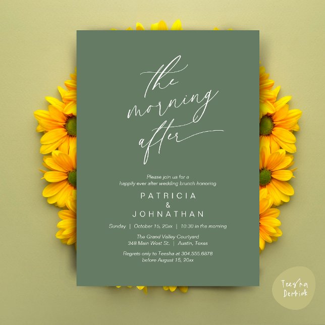 Morgonen efter, lyckligtvis efter Brunch Inbjudningar (The Morning After, Happily Ever After Brunch Invitation Card PDF in Romantic Aesthetic Sage Green)